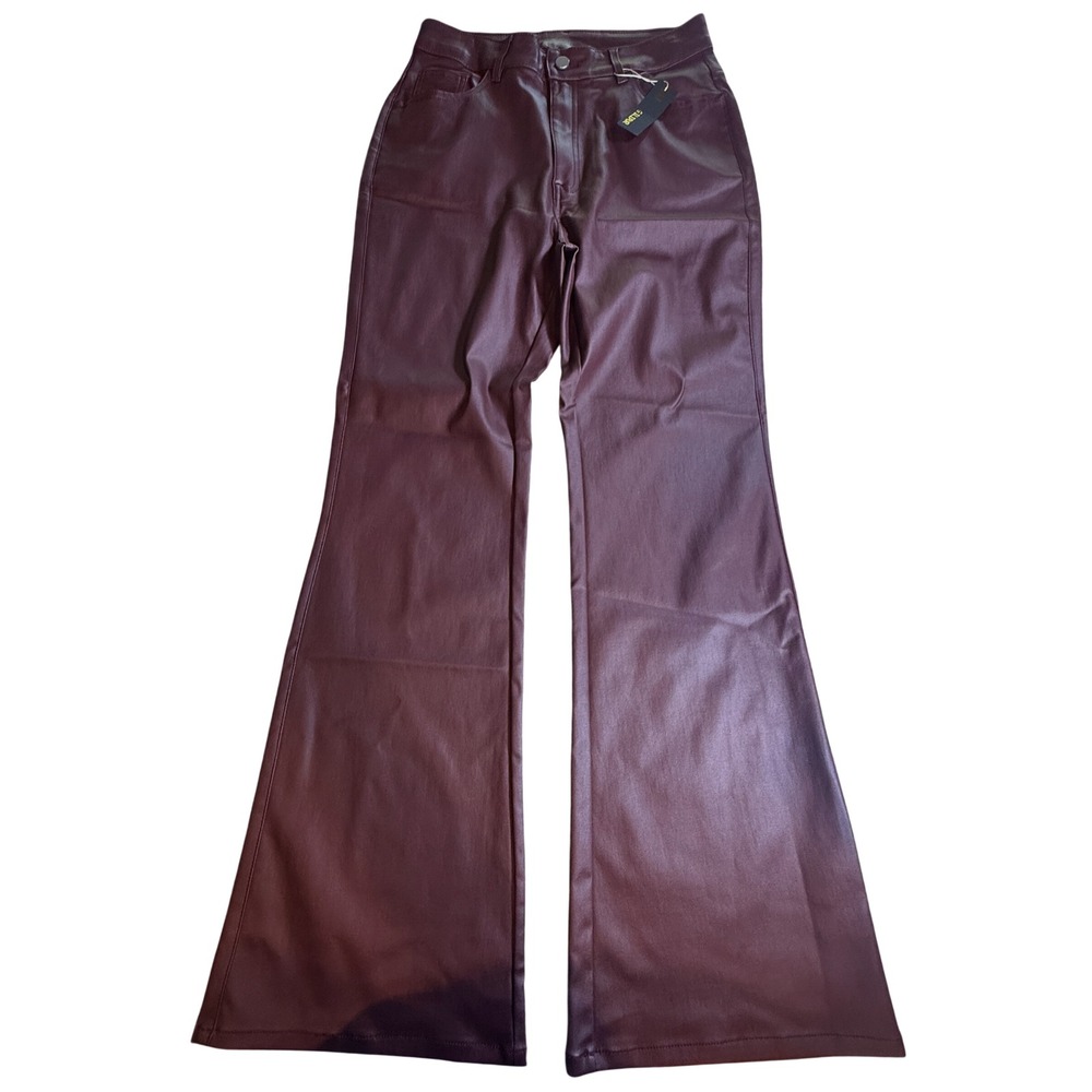 Gilipur Burgundy Faux Leather Flare Pants High Waisted Bell Bottom Wine Red L